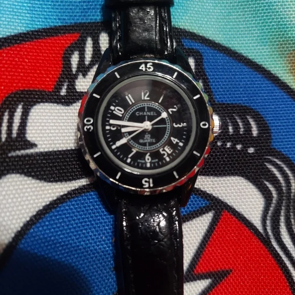 Nwot Chanel J12 Quartz Watch On Black Leather Band. O.g. Sticker On Btm